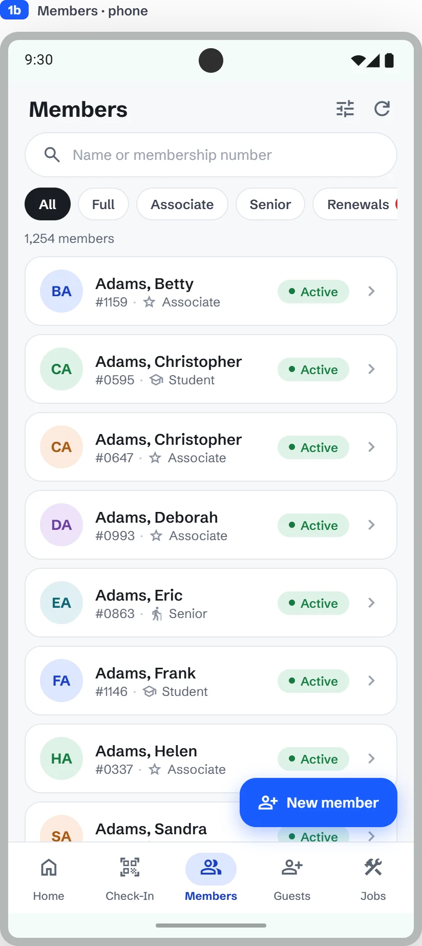 Bar Portal member list on a phone