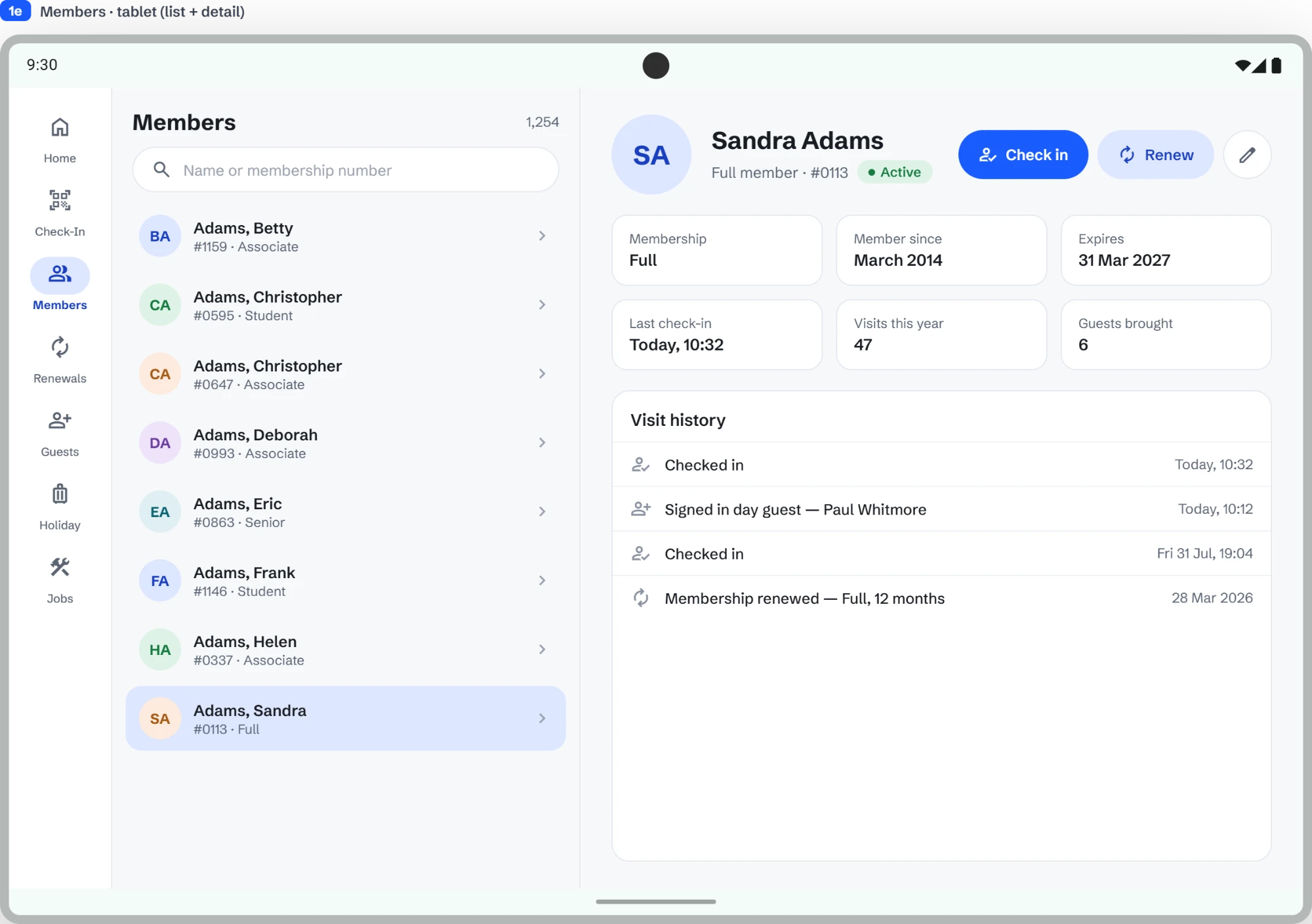 Bar Portal member list and detail on a tablet