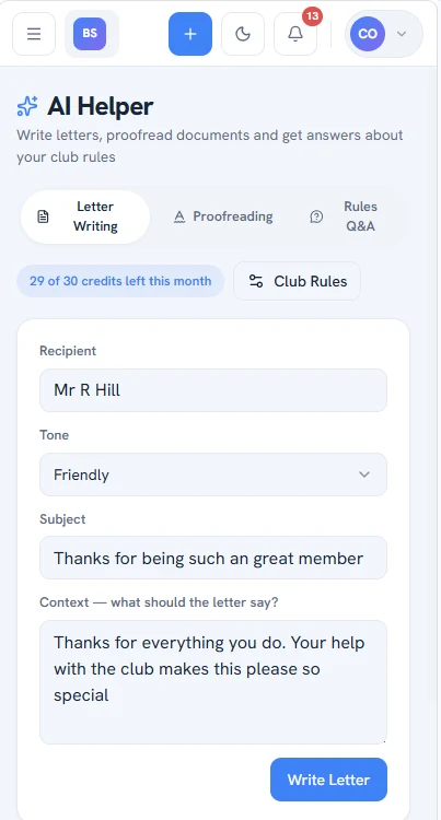The AI letter writer form
