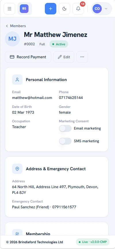 A member record on a phone